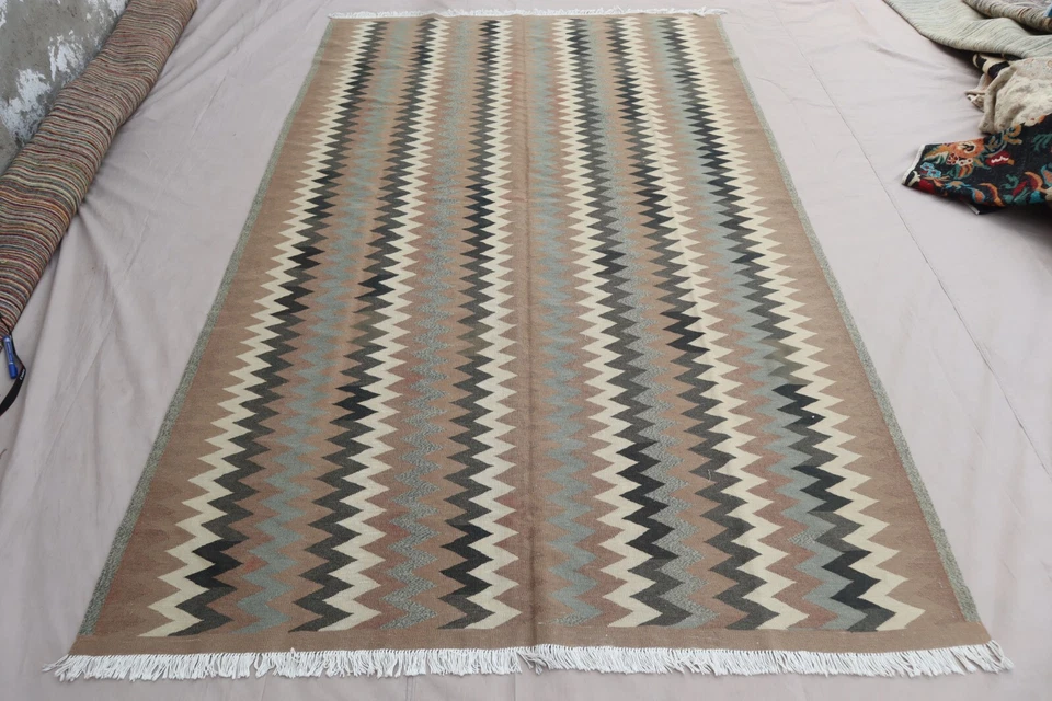 6'2x9'8 ft Afghan Kilim Rug - Gray Beige Geometric Handmade Rug- Living room Rug - Image 1 of 4