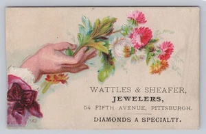 Victorian Trade Card Wattles & Sheafer Jeweler Business Card Flowers Pittsburgh - Picture 1 of 2