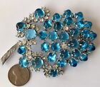 Rare Vintage Eisenberg Aqua Blue Jelly Belly And Clear Rhinestone Flower Brooch
