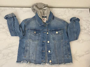 JUSTICE GIRLS HOODED DENIM JACKET Sz 10 Jean Jacket Button Down Distressed G1 - Picture 1 of 5