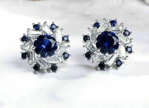 2.20Ct Simulated Round Blue Sapphire Stud Earrings 14K White Gold Sliver Finish - Picture 1 of 5