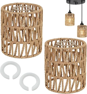 Paralume Lampada 2 Pezzi Paralume Rattan Retrò Boho Larghezza 15 Cm Paralume E27 - Foto 1 di 12