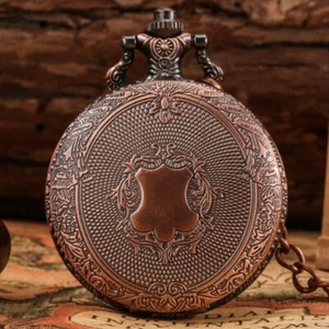 Red Copper Shield Design Antique Unisex Quartz Pocket Watch FOB Pendant Chain - Picture 1 of 8