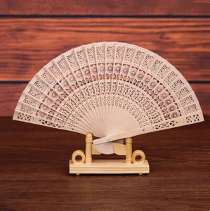 Chinese Vintage Wooden Bamboo Folding Hand Fan Wedding Party Flower Pattern - Picture 1 of 6