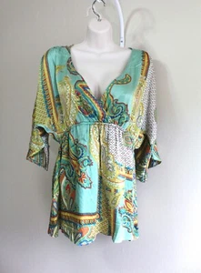Silk Paisley One West Shirt Womens S Empire Bodice 1/2 Sleeve Yellow Seaglass - Picture 1 of 6