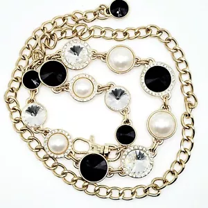 Weighty Women's Faux Pearl & Glass Rivoli Chain Belt Gold Tone Rhinestones VGC - Picture 1 of 7