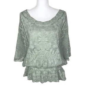 Democracy Mujeres XL Gauzy Top Manga Acampanada Cintura Elástica Bordada Boho Verde - Imagen 1 de 10