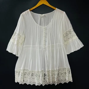 Umgee Women's Boho Tunic Top Large White Ivory Cream Lace Hem Flowy Peasant - Picture 1 of 9