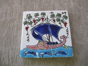 Vintage griechische Handarbeit 3 Zoll Untersetzerfliese - Philkeram - Bild 1 von 10