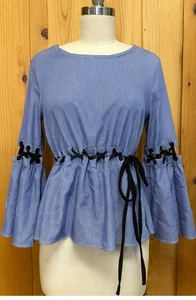 Miss Lili Blue Pinstripe Corset Tie Blouse with Bell Sleeves – Size XL - Picture 1 of 12