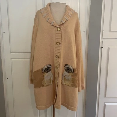 Storybook Knits Pug Dog Cardigan Sweater 3X Beige Heart Buttons Cozy Pug - Image 1 of 4