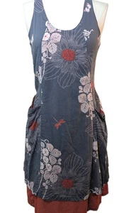 La Fiancée du Mekong ärmellos Blumen Taschen Kleid Boho Kunstdruck Lagenlook Saum M - Bild 1 von 8