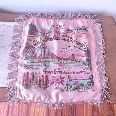 Funda de almohada de recuerdo vintage años 40 50 flecos satinados San Francisco monumentos 15x16 Foto 1 de 4