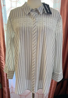 Karl Lagerfeld NWT blouse white & black striped button long sleeves lace size XL - Image 1 of 4