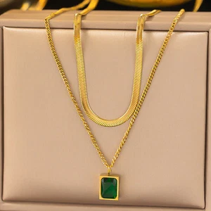 Gold-Plated Anti Tarnish Green Emerald Geometric Layered Necklace - Picture 1 of 8