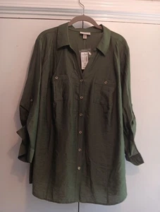 Dressbarn NWT Women's 2X Cottage Lightweight Button Up Green Tunic Boho - Picture 1 of 16