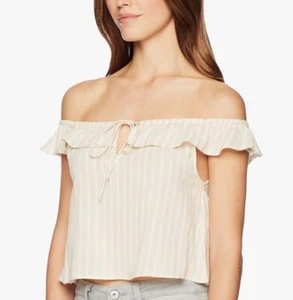 BILLABONG Crop Top Sz L Beige White Stripe Cotton Off The Shoulder Ruffle Blouse - Picture 1 of 12