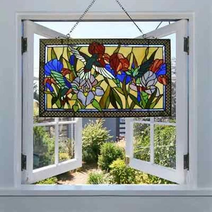 28"x17" Tiffany Style Stained Glass Hummingbird Floral Window Panel - Picture 1 of 8