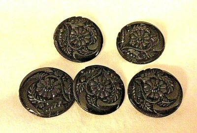 5 BLACK SCROLL FLORAL ACRYLIC BUTTONS  __3/4_"  VINTAGE BLAZER COAT FANCY SHANK - Image 1 of 4