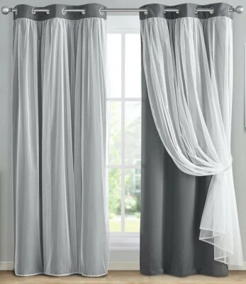 2 Pr Blackout Drapes Dove Grey w/ White Chiffon Overlay 52"x63" Grommets NEW - Image 1 of 4