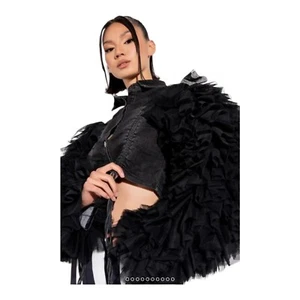 Azalea Wang Black Ruched Denim Oversized Ruffle Sleeve Cropped Jacket Womens 3X - Picture 1 of 9