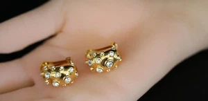 Vintage Nolan Miller CRYSTAL Rhinestone EARRING CLIP ON Gold Huggies Planet Moon - Picture 1 of 10