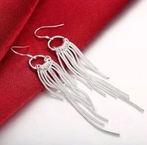 Womens 925 Sterling Silver 3" Long Tassel Drop Dangle Fashion Earrings #E597 - Picture 1 of 5