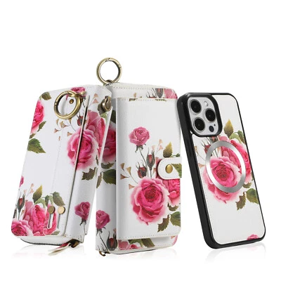 For iPhone 17/16/15/14/13/12/11 Handbag Floral Wallet Magnetic Case with Strap - Image 1 of 4