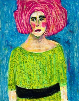 Original Colorful Figure Drawing Woman Green Dress Unique Oil Pastel Painting - Image 1 of 4