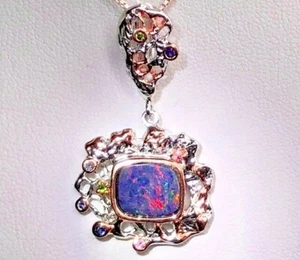 Purple Square Black Australian opal Doublet Rose Sapphire pendant Sterling $560 - Picture 1 of 12
