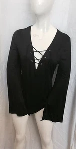 NEW Black Flare Flared Sleeved Bodysuit Plunge Bust Under Button Boutique Lace - Picture 1 of 3