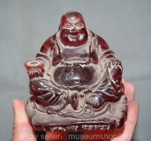 4.2" Old Chinese Natural Amber Carved Yuanbao Happy Laugh Maitreya Buddha Statue - Picture 1 of 6