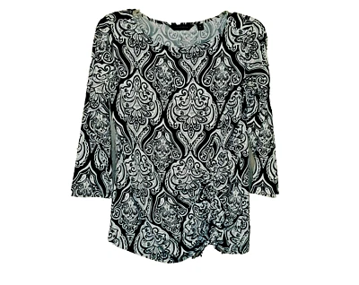 Investments S Top Women's Ruched Black White Gray Damask Batik Print Blouse - Image 1 of 4