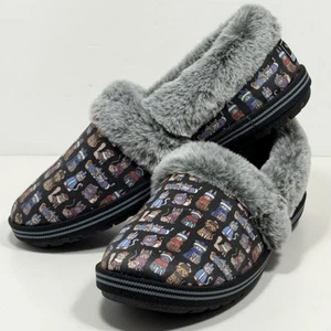 BOBS by Skechers Women 8 Grey Faux Fur CAT Print Memory Foam SlipOn Slippers - Picture 1 of 10