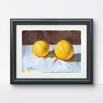 Pintura al óleo original papel 8x12 dos naranjas bodegón tela drapeada firmada Foto 1 de 4