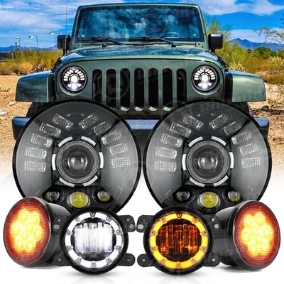 07-18 For Jeep Wrangler JK Black 7" LED Headlights+4" Fog Lights+Turn Lamp Combo - Image 1 of 4