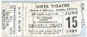 Grateful Dead Concert Ticket Stub June 15 1985 Berkeley California - Picture 1 of 2