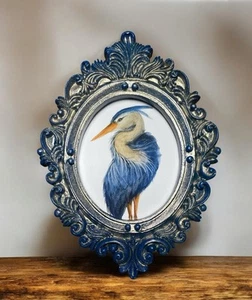 Great Blue Heron bird mini watercolor print in vintage style ornate frame - Picture 1 of 3