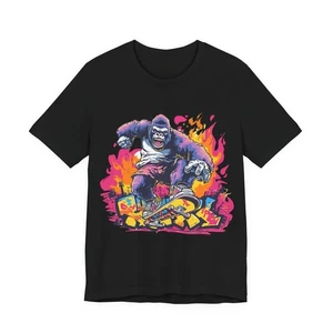 Unisex T-Shirt Neon Gorilla Skateboarding Graphic Tee Graffiti Streetwear Y2K - Picture 1 of 6