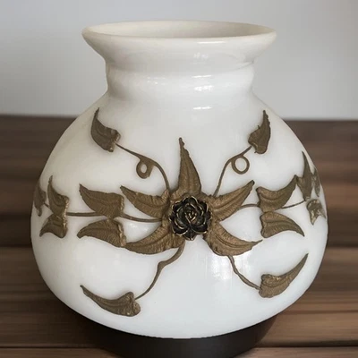 Vtg  Hollywood Regency Milk Glass &  Applied Brass Floral Hurricane Lamp  Shade - Image 1 of 4