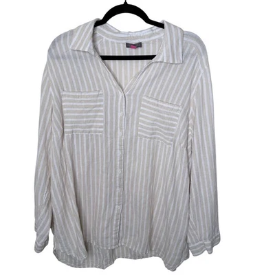 Vince Camuto Button-Down Linen Blend Tunic Top Womens 2X Beige & White Striped C - Изображение 1 из 4