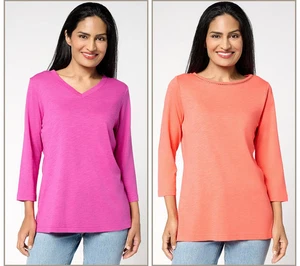 Belle by Kim Gravel Juego de 2 Tops Tejidos Slub-Coral/Sangría-Pequeños A689893 NUEVO - Imagen 1 de 1
