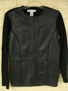 NWT WOMEN'S SIZE MEDIUM BLACK PURSUITS GENUINE LEATHER FRONT KNIT SWEATER. - Picture 1 of 3