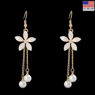 Elegant Women Earrings 3D Blossom Flowers Tassel Pearls Fashion Stud 1273 - Image 1 of 4