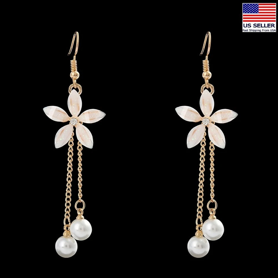 Elegant Women Earrings 3D Blossom Flowers Tassel Pearls Fashion Stud 1273 - Image 1 of 1