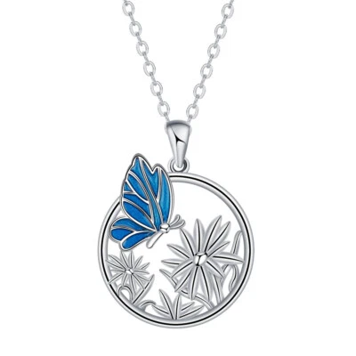 European Blue Butterfly CZ Round Pendant Necklace  Women Jewelry Silver Plated - Image 1 of 4