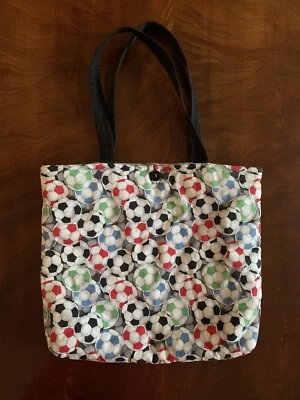 Soccer Oversized Quilted Tote Bag 17 1/2” x 15 1/2”; Black Straps Grey Interior - Image 1 of 4