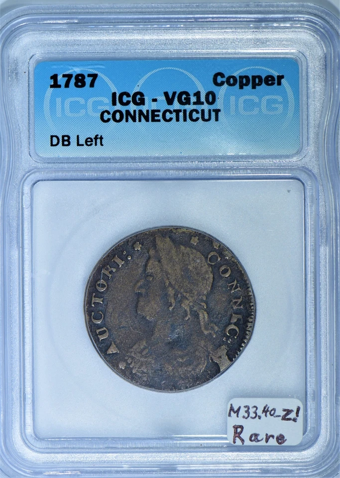 1787 DB Left Connecticut Colonial Copper ICG VG-10; Miller 33.40-Z.1; Rare! - Image 1 of 4