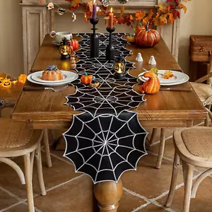 Halloween Table Runner 14 x 92 Inch, Embroidered Spider Web Table Runners, Black - Picture 1 of 7