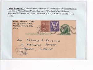 1945 Cleveland, OH to Athen, Greece, Censored, Uprated UX27 w/3c ... (62530) - Picture 1 of 3